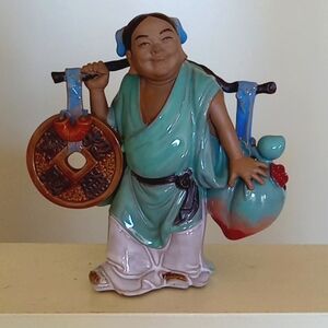 Vintage 80's Chinese Shiwan Boy with Peach and Coin Figurine - Exc. Condition